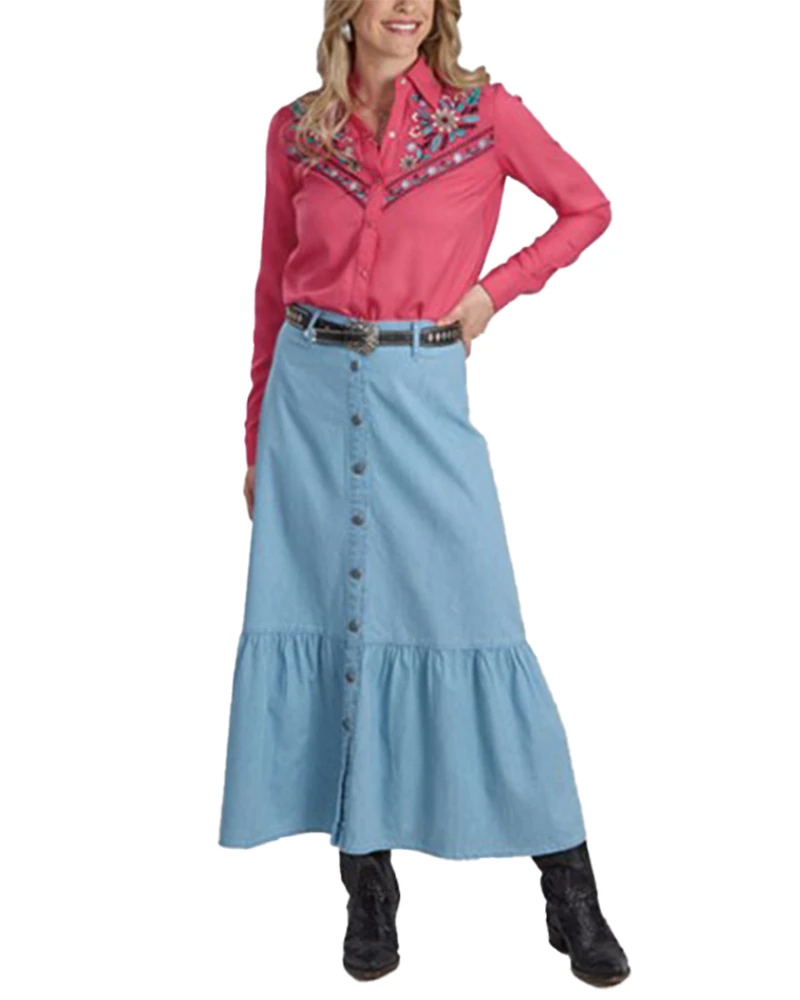 Roper Women's Light Wash Button-Down Midi Denim Skirt