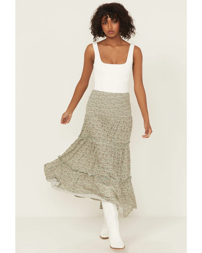 Rock & Roll Denim Women's Floral Print Tiered Maxi Skirt