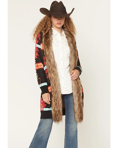 Panhandle Women's Southwestern Print Faux Fur Trim Cardigan