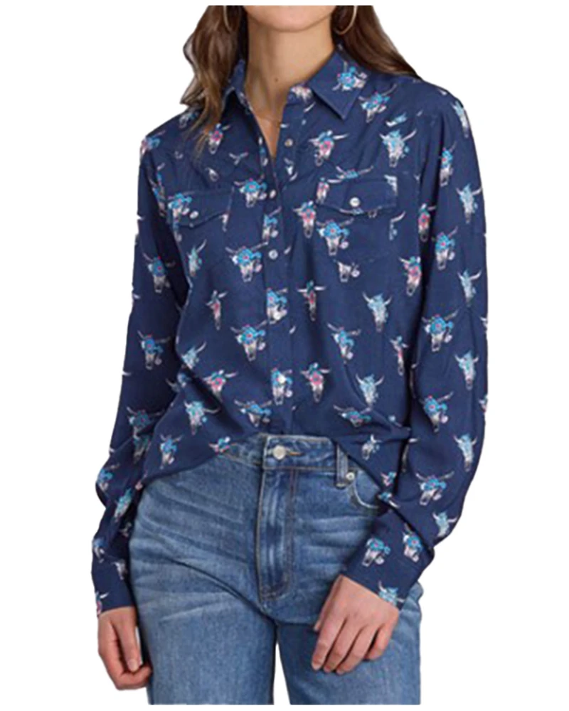 Roper Women's Floral Steer Head Long Sleeve Pearl Snap Western Shirt