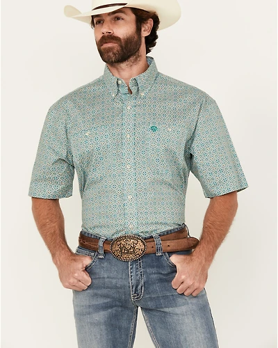 George Strait by Wrangler Men's Geo Print Short Sleeve Button-Down Stretch Western Shirt