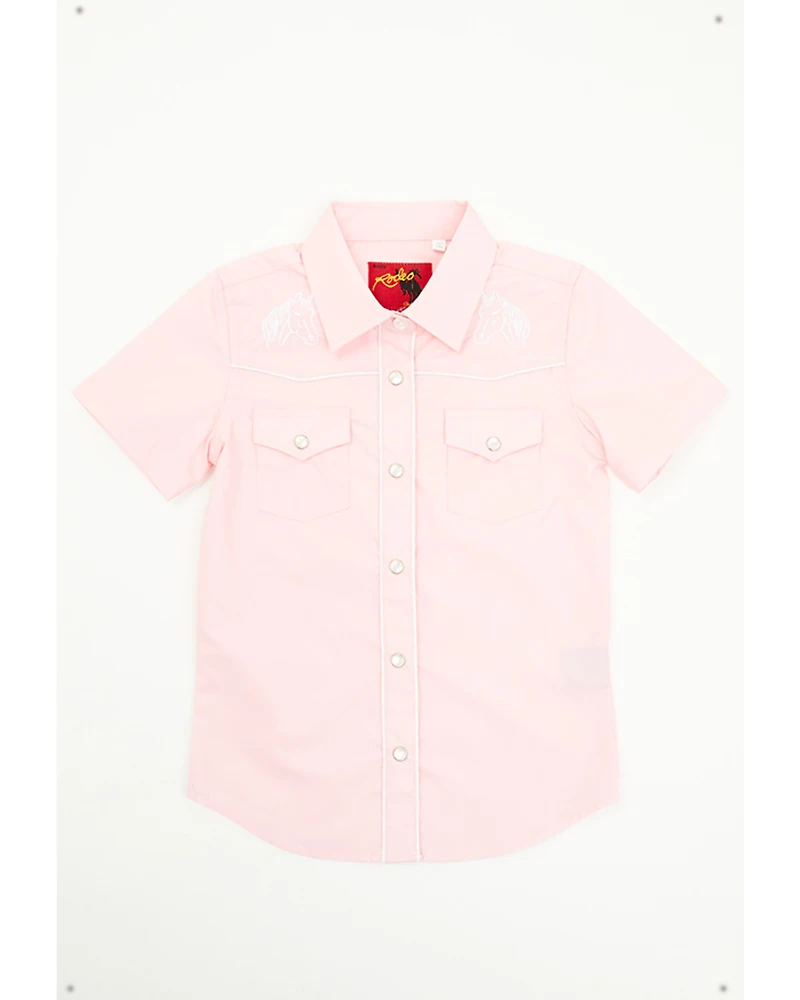 Rodeo Clothing Girls' Horse Embroidered Short Sleeve Pearl Snap Western Shirt