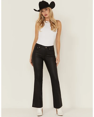 Daze Women's Mid Rise Coated Flare Stretch Pants