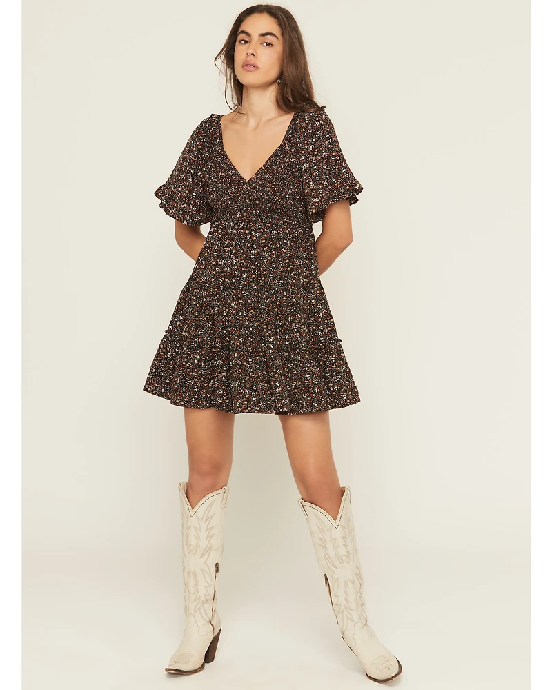 Yura Women's Floral Print Short Sleeve Smocked Mini Dress