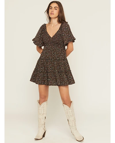 Yura Women's Floral Print Short Sleeve Smocked Mini Dress