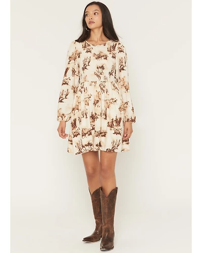 Wrangler Retro Women's Horses Conversational Print Long Sleeve Smocked Mini Dress