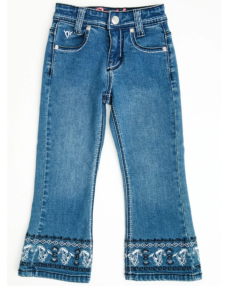 Cowgirl Hardware Toddler Girls' Medium Wash Running Horse Embroidered Bootcut Stretch Denim Jeans