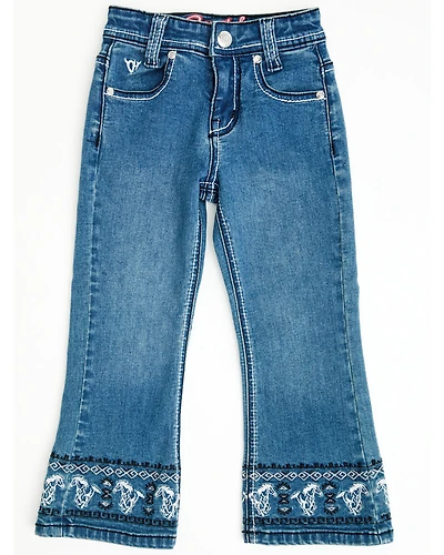 Cowgirl Hardware Toddler Girls' Medium Wash Running Horse Embroidered Bootcut Stretch Denim Jeans