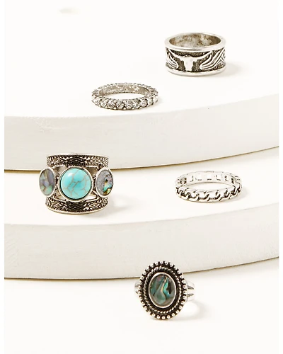 Shyanne Women's Silver Longhorn & Turquoise Abalone 5-piece Ring Set