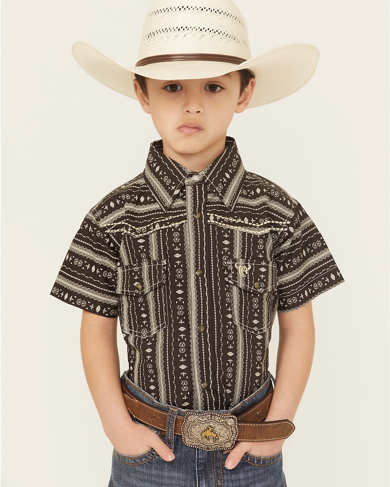 Cowboy Hardware Boys' Stripe Southwestern Print Short Sleeve Snap Stretch Western Shirt