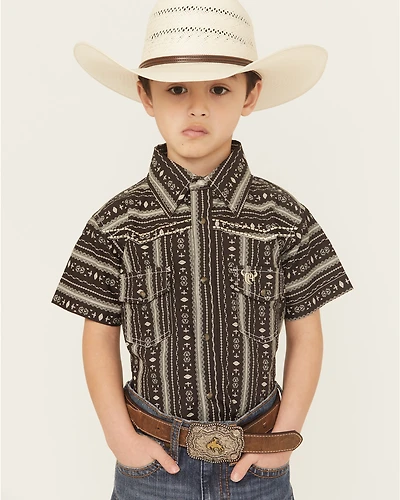 Cowboy Hardware Boys' Stripe Southwestern Print Short Sleeve Snap Stretch Western Shirt
