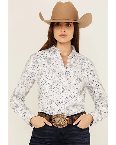 Rough Stock by Panhandle Women's Bandana Print Long Sleeve Pearl Snap Stretch Western Shirt