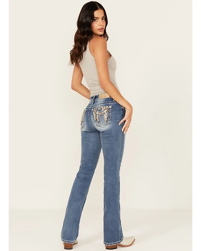 Miss Me Women's Dark Wash Mid Rise Dream Catcher Pocket 32" Bootcut Stretch Denim Jeans