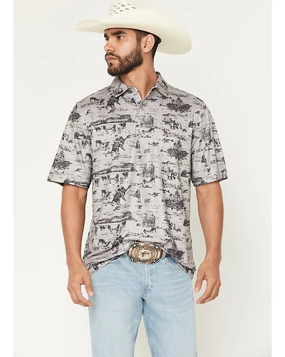 CInch Men's Cowboy Print Short Sleeve Button-Down Stretch Polo Shirt