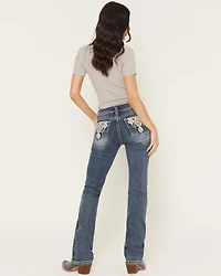Grace LA Women's Medium Wash Mid Rise Embellished 32" Bootcut Stretch Denim Jeans