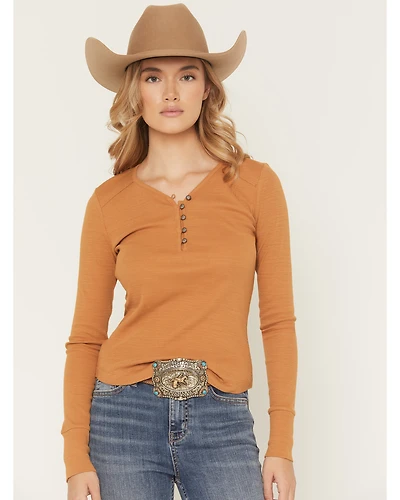 Shyanne Women's Solid Ribbed Long Sleeve 1/4 Button-Down Tee