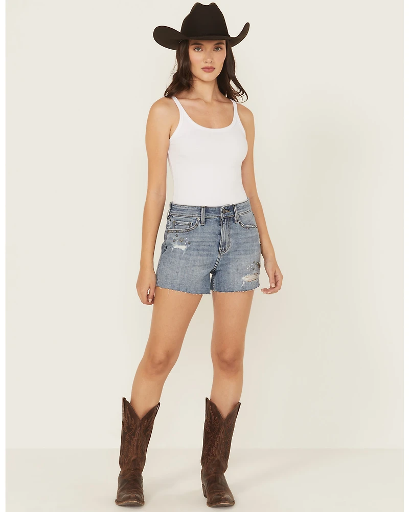 Shyanne Women's Novelty Western Studded Medium Wash High Rise Stretch Denim Shorts