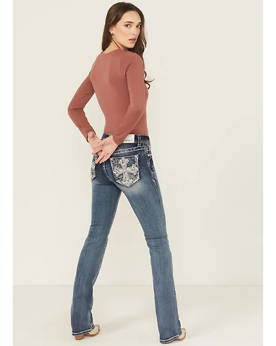Grace LA Women's Medium Wash Mid Rise Embroidered Cross Bootcut Stretch Denim Jeans
