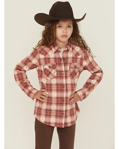Wrangler Girls' Plaid Print Long Sleeve Snap Flannel Shirt
