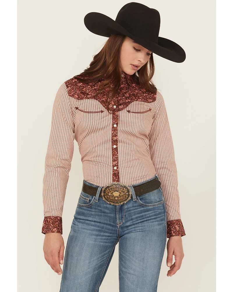 Shyanne Women's Striped And Floral Print Long Sleeve Snap Stretch Western Shirt