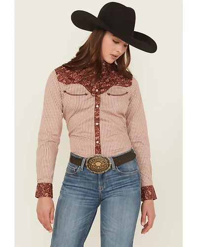 Shyanne Women's Striped And Floral Print Long Sleeve Snap Stretch Western Shirt