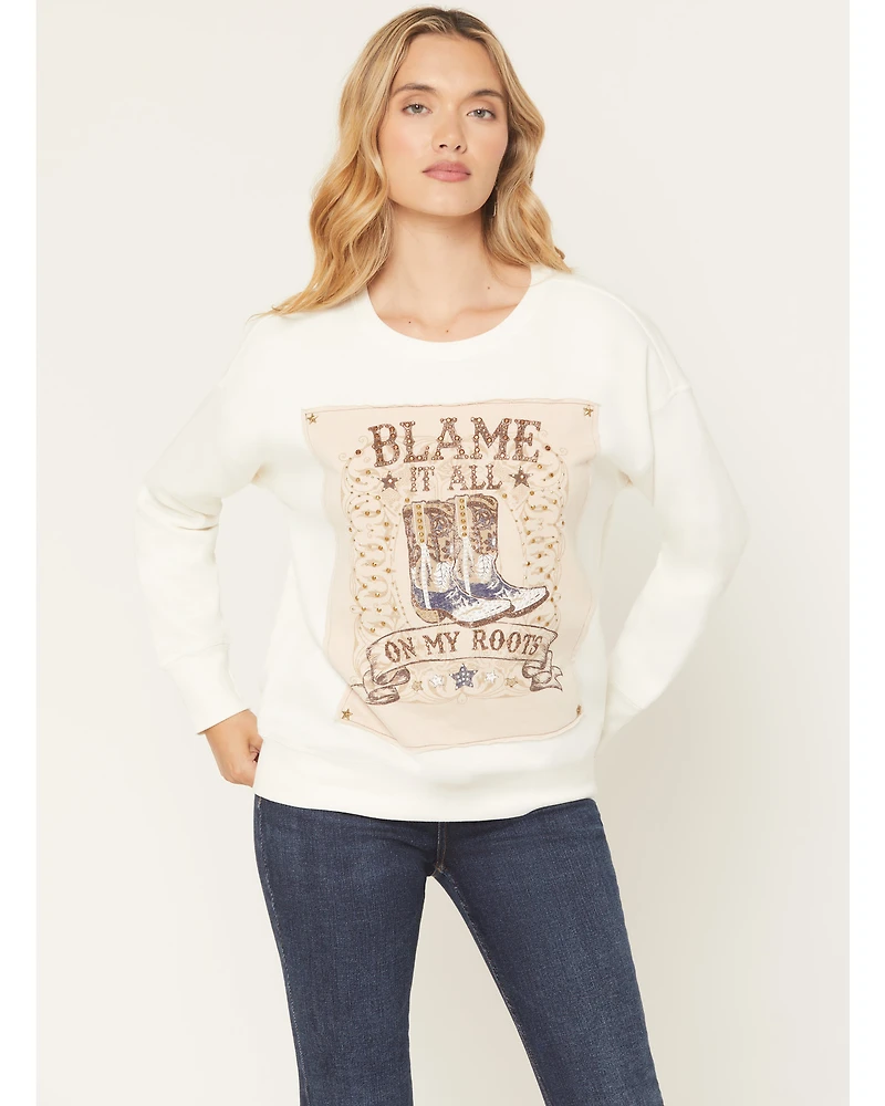 Blended Women's Boots Embellished Graphic Crewneck Sweatshirt