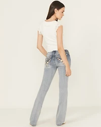 Miss Me Women's Light Wash Mid Rise Floral Embroidered 34" Bootcut Stretch Denim Jeans