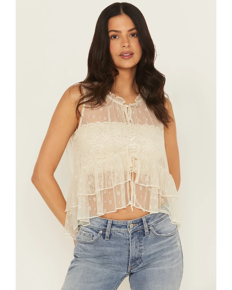 Originality Women's Lace Tie-Front Sleeveless Ruffle Top