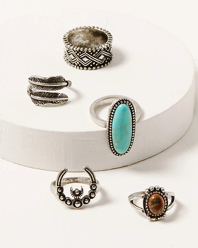 Shyanne Women's Silver & Turquoise Squash Blossom 5-piece Ring Set