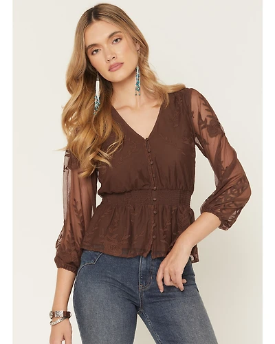 Shyanne Women's Embroidered Mesh Long Sleeve Button-Down Shirt