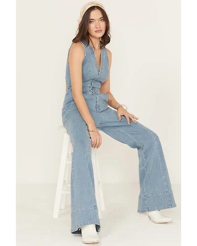 Flying Tomato Women's Light Wash Open Back Denim Jumpsuit