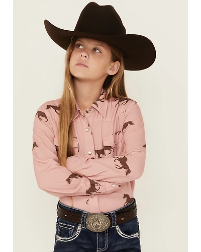 Roper Girls' Running Horse Print Long Sleeve Snap Western Shirt