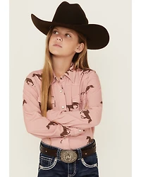 Roper Girls' Running Horse Print Long Sleeve Snap Western Shirt