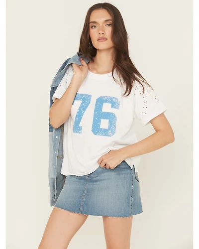 Blended Women's Eyelet Embroidered Short Sleeve Graphic Tee