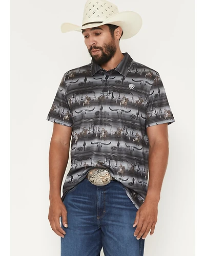 Rock & Roll Denim Men's Steerhead Print Short Sleeve Button-Down Stretch Polo Shirt