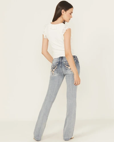 Miss Me Women's Light Wash Mid Rise Floral Embroidered 32" Bootcut Stretch Denim Jeans