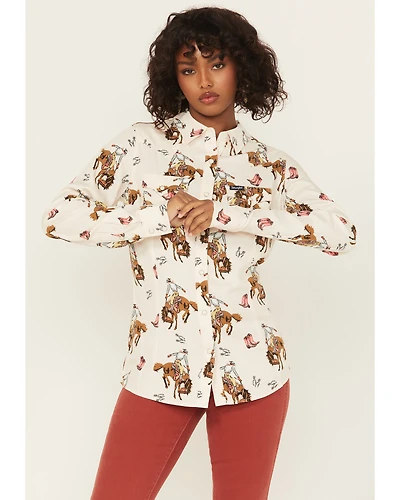 Wrangler Retro Women's Bucking Horse Conversational Print Long Sleeve Snap Western Shirt