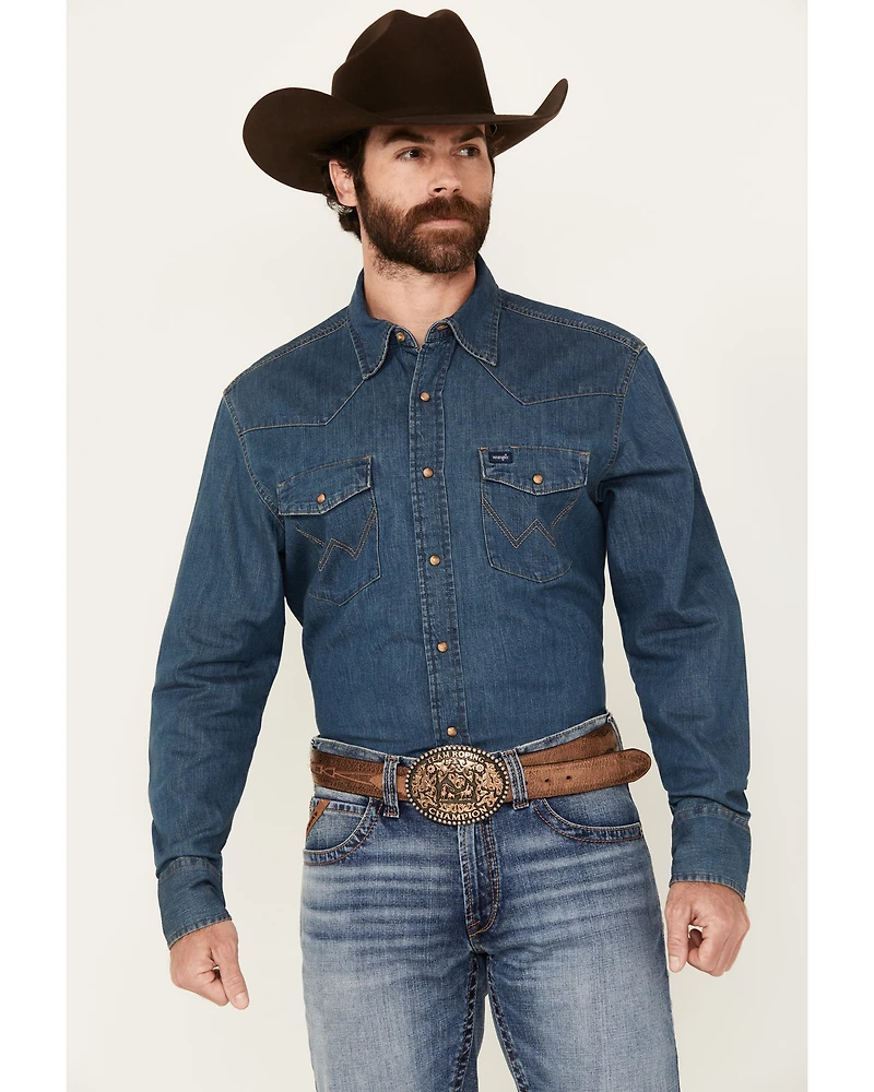Wrangler Men's Dark Wash Denim Long Sleeve Snap Western Shirt