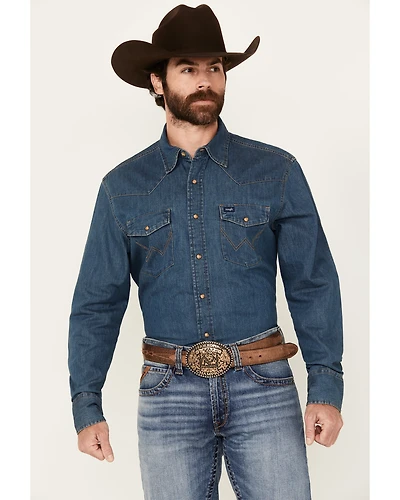 Wrangler Men's Dark Wash Denim Long Sleeve Snap Western Shirt