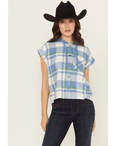 Cleo + Wolf Women's Electra Plaid Print Short Sleeve Button-Down Hooded Shirt