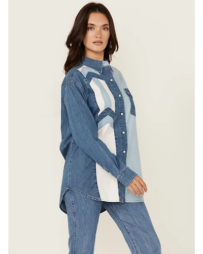 Wrangler Retro Women's Color Block Denim Long Sleeve Snap Western Shirt