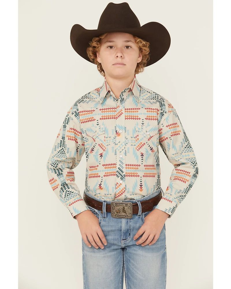 Rock & Roll Denim Boys' Southwestern Print Long Sleeve Pearl Snap Stretch Western Shirt