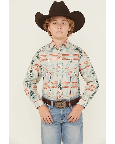 Rock & Roll Denim Boys' Southwestern Print Long Sleeve Pearl Snap Stretch Western Shirt
