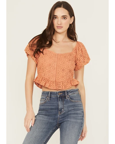 Rock & Roll Denim Eyelet Puff Sleeve Shirt