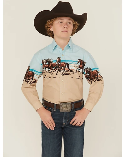 Panhandle Slim Boys' Horses And Beach Border Long Sleeve Snap Western Shirt