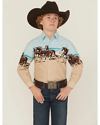 Panhandle Slim Boys' Horses And Beach Border Long Sleeve Snap Western Shirt