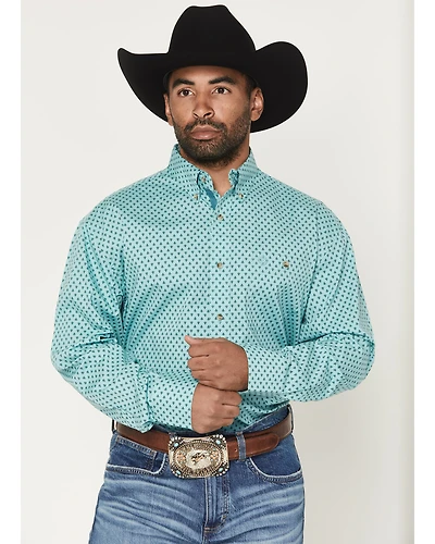 George Strait by Wrangler Men's Geo Print Long Sleeve Button-Down Stretch Western Shirt