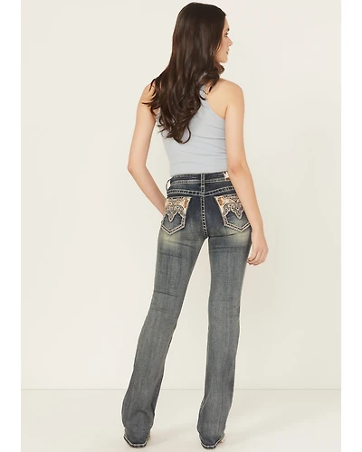 Grace LA Women's Medium Wash Mid Rise Hairon Bootcut Stretch Denim Jeans
