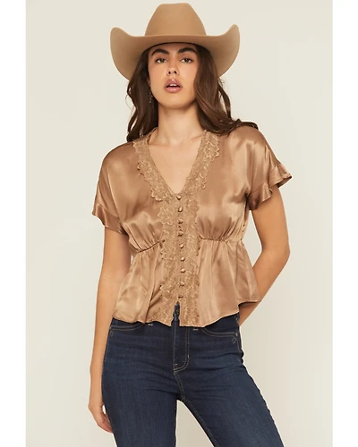 Shyanne Women's Satin Lace Trim Short Sleeve Button-Down Shirt