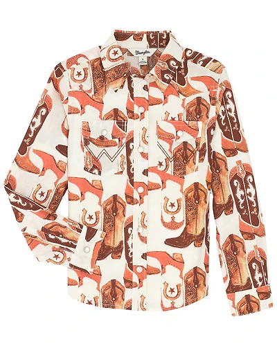 Wrangler Girls' Boot Print Long Sleeve Pearl Snap Western Shirt